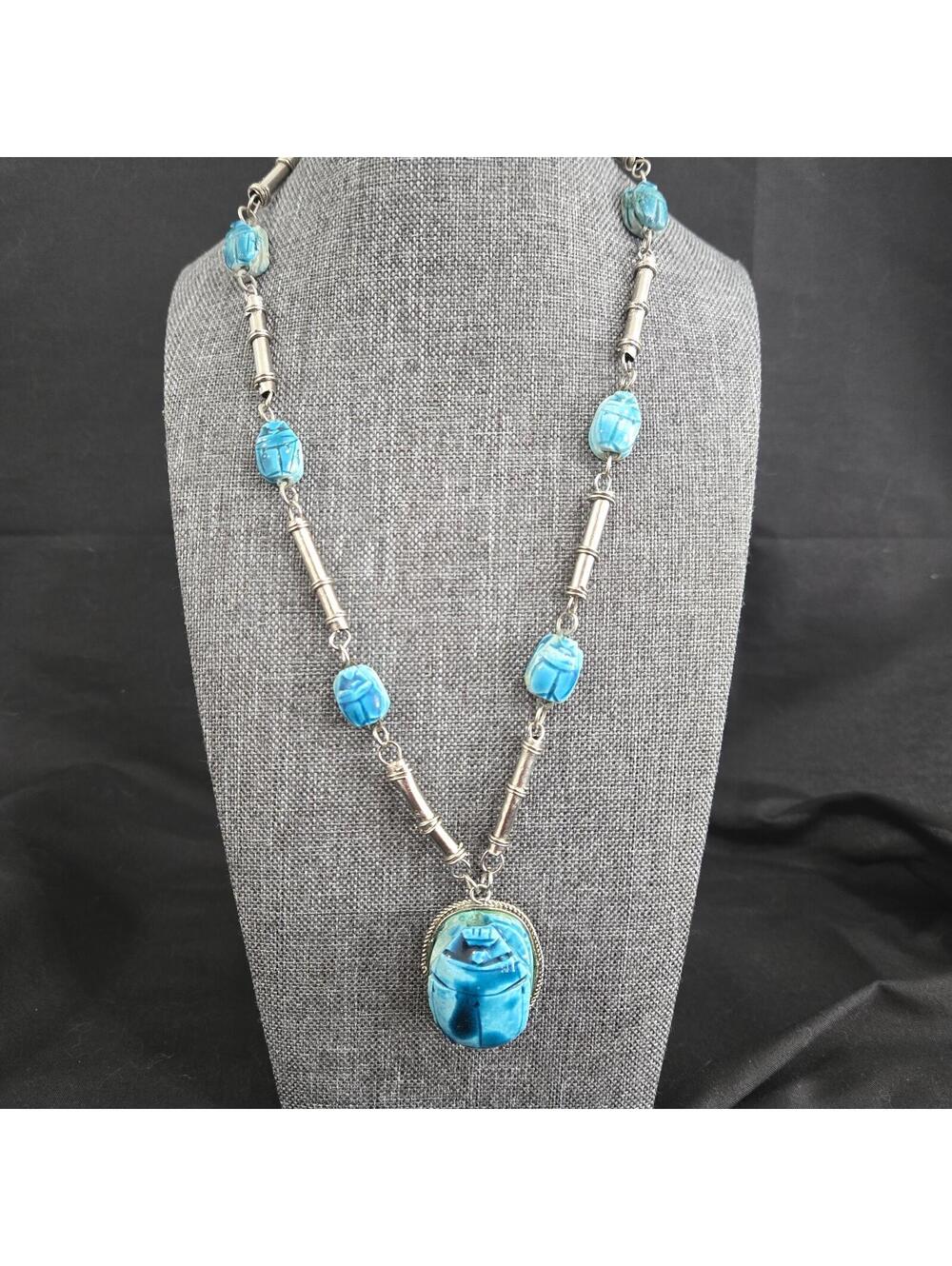 Vintage Egyptian Revival Scarab Necklace Turquoise Look Blue Silver Tone 70s